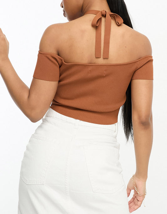 Urban Revivo halter neck knitted crop top in brown