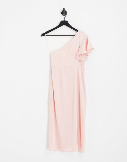 Vila Bridesmaid one shoulder midi dress with flutter sleeve in pink