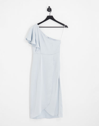 Vila Bridesmaid one shoulder midi dress with flutter sleeve in blue