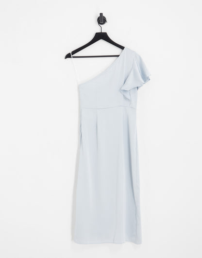 Vila Bridesmaid one shoulder midi dress with flutter sleeve in blue