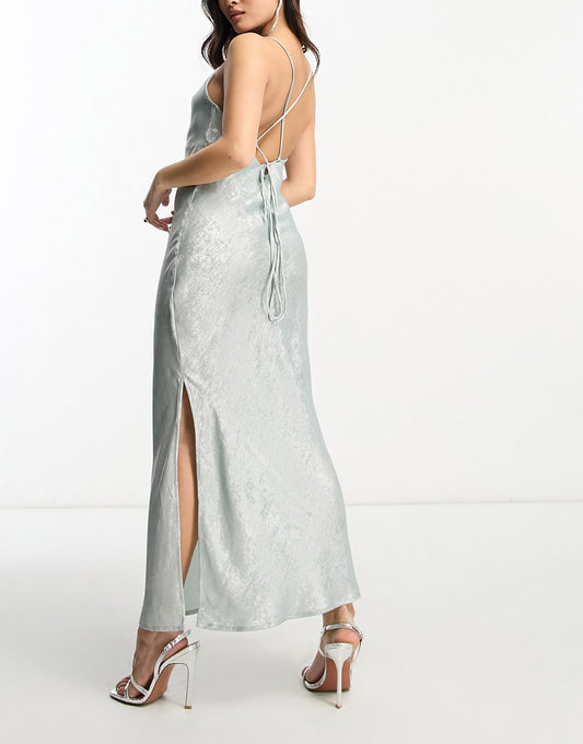 Vila Petite glam lace up back cami maxi dress in shimmer green