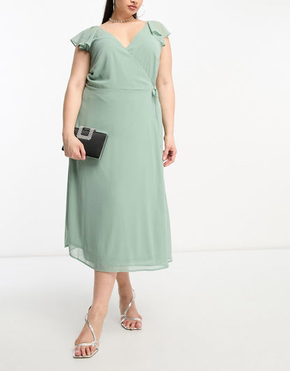 Vila Curve Bridesmaid wrap full skirt maxi dress with flutter sleeves in green