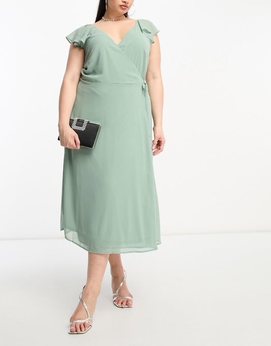 Vila Curve Bridesmaid wrap full skirt maxi dress with flutter sleeves in green