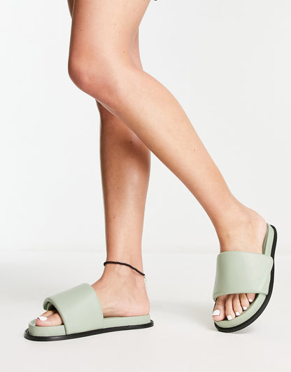 Vero Moda leather padded slider in sage green