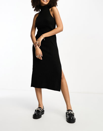 ASOS DESIGN knitted sleeveless midi dress with roll neck in black