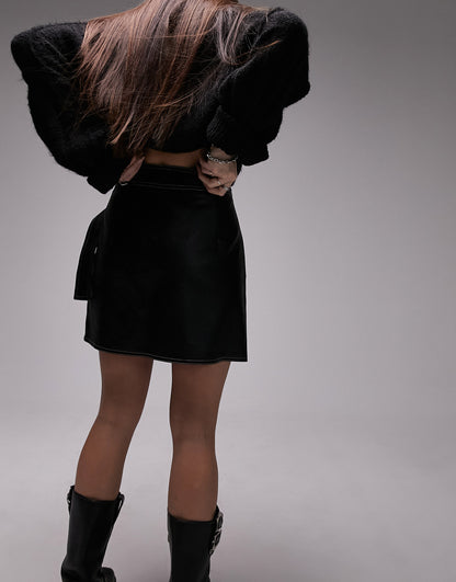 Topshop leather look belt wrap stitch detail mini skirt in black