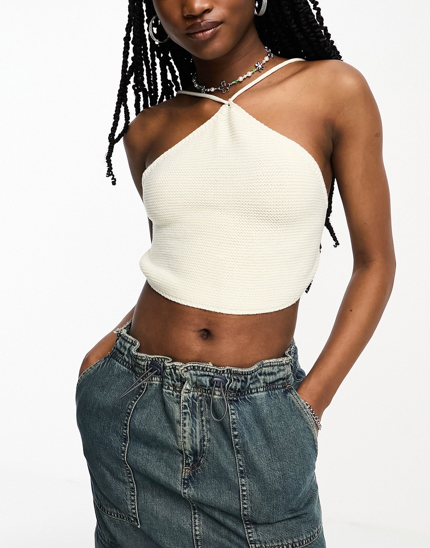 Noisy May cropped backless crochet top in white