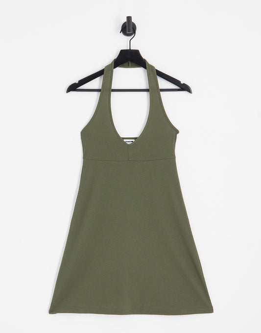 Noisy May textured halter neck mini skater dress in khaki