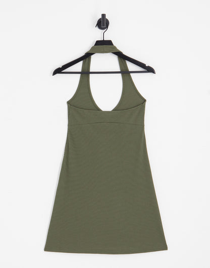 Noisy May textured halter neck mini skater dress in khaki