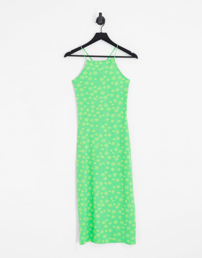 Noisy May high neck cross midi slip dress in green flower print