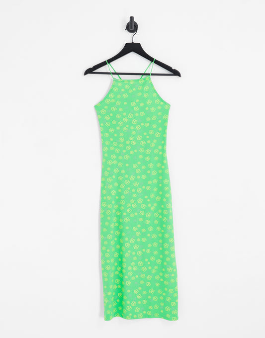 Noisy May high neck cross midi slip dress in green flower print