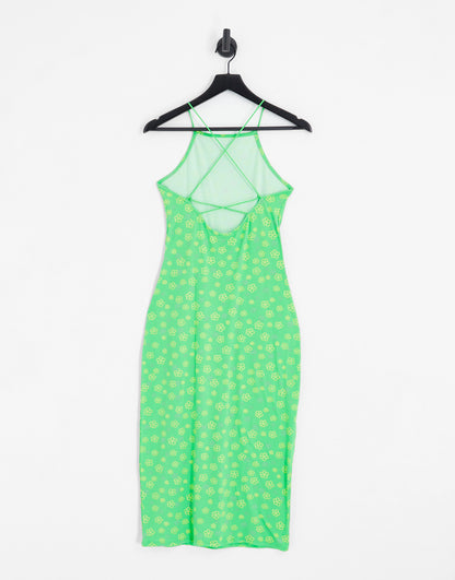 Noisy May high neck cross midi slip dress in green flower print