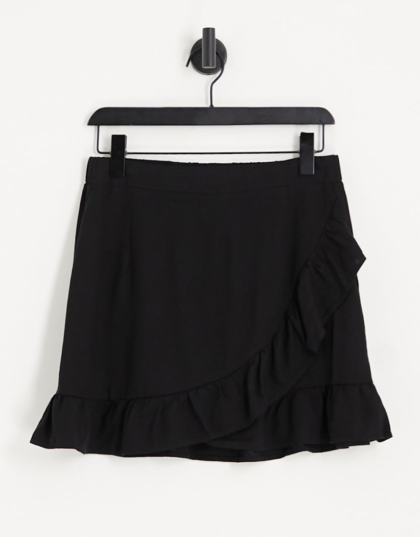 Vero Moda linen touch frill wrap mini skirt in black