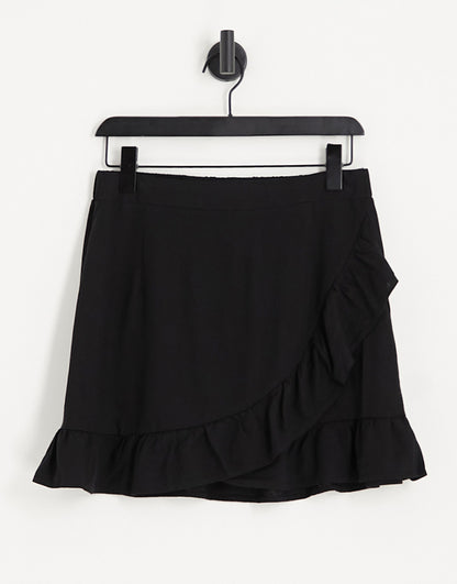 Vero Moda linen touch frill wrap mini skirt in black