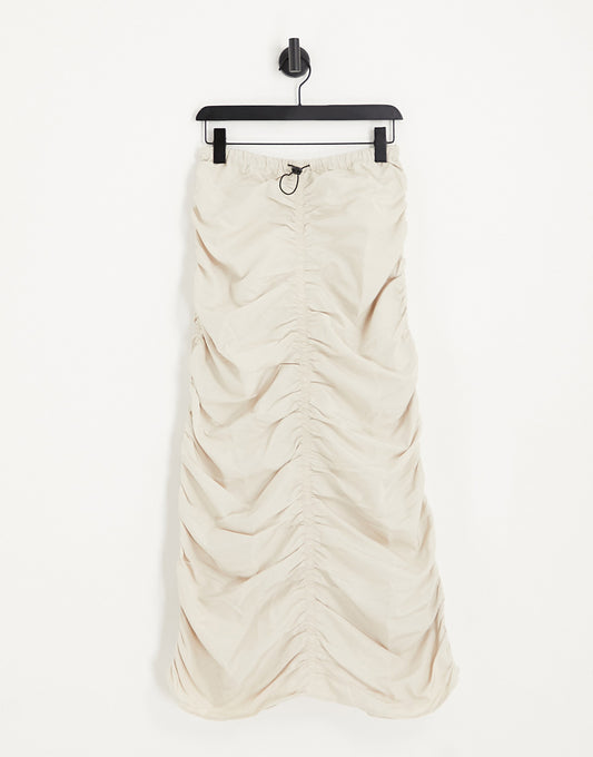 Vero Moda tech ruched midi skirt with bungee detail in cream