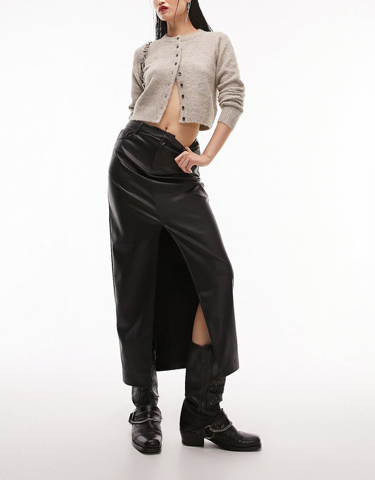 Topshop leather look denim styled maxi skirt in black