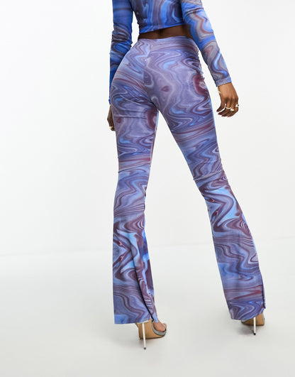 Sixth June co-ord printed mesh trousers in blue multi