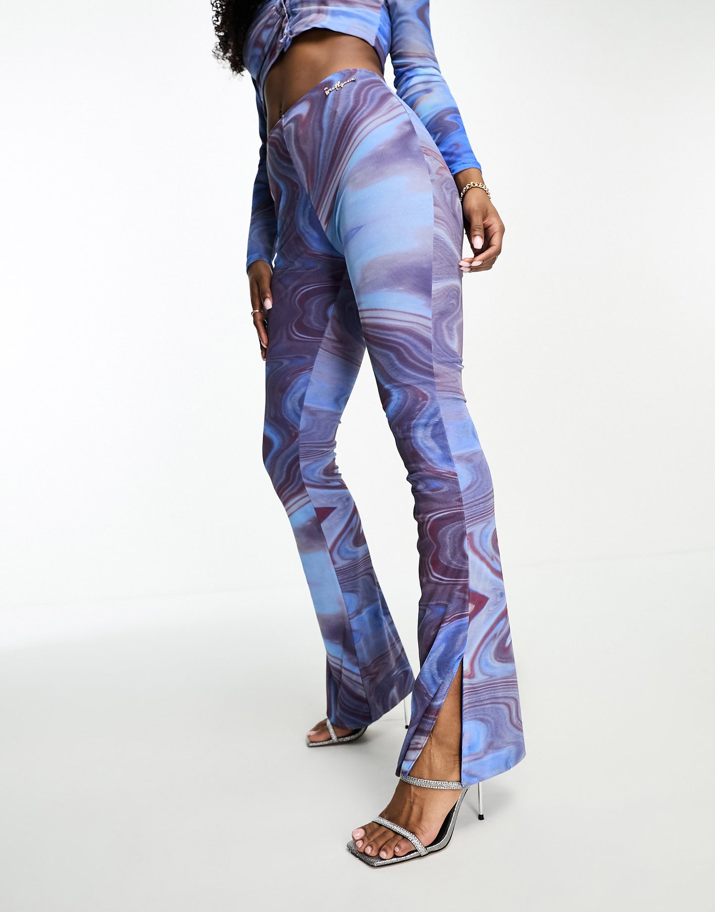 Sixth June co-ord printed mesh trousers in blue multi