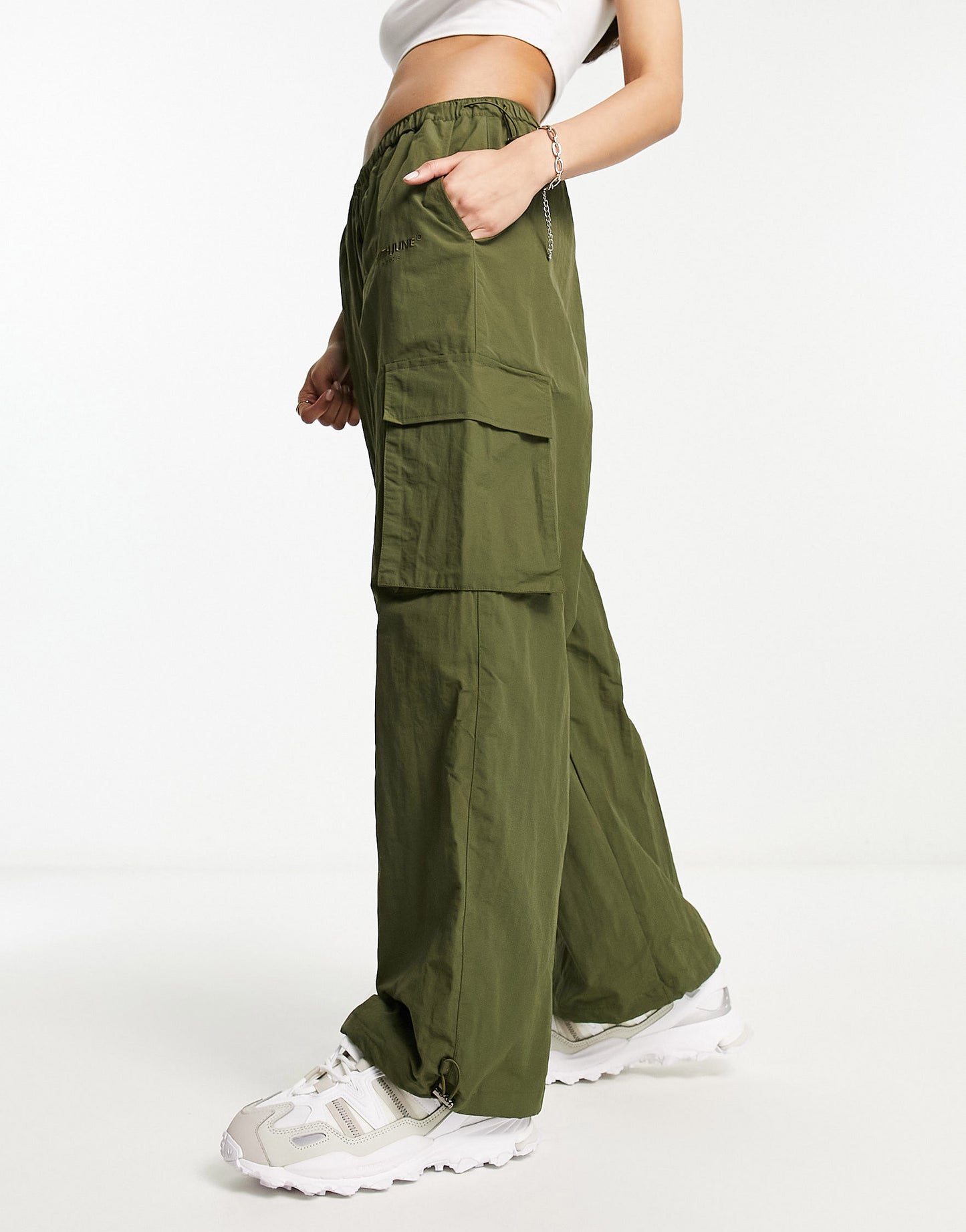 Sixth June ripstop parachute trousers with back pocket embroidery in khaki