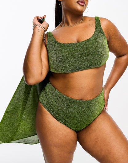 ASOS DESIGN Curve mix and match glitter high waist bikini bottom in green