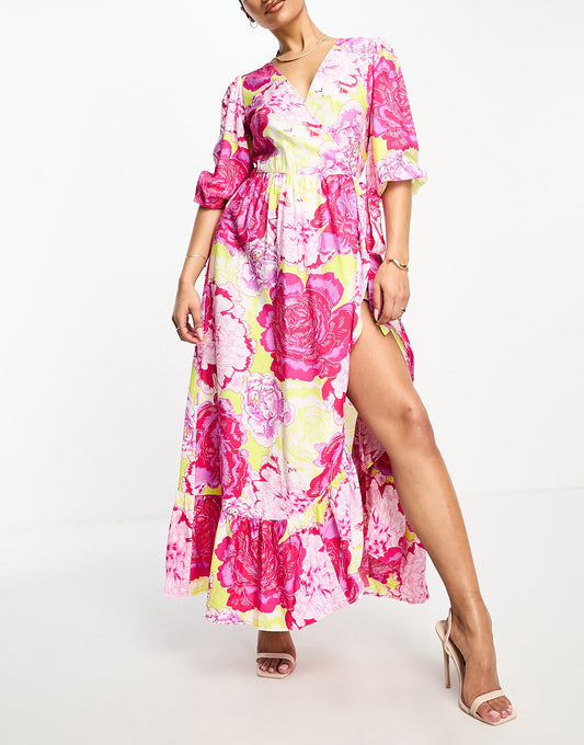 Something New wrap maxi dress in neon rose print