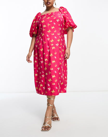 Something New Curve puff sleeve midi dress in pink butterfly print