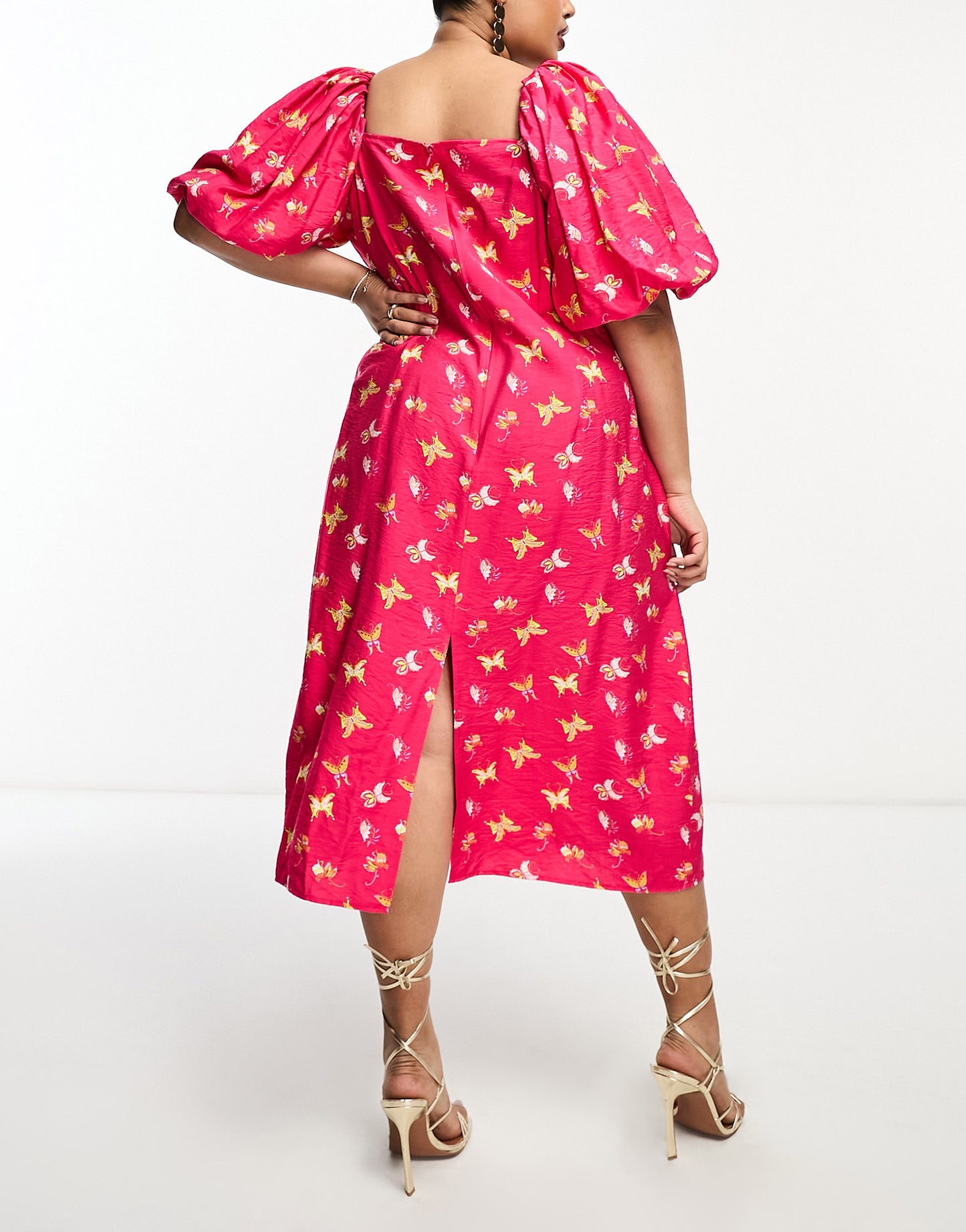 Something New Curve puff sleeve midi dress in pink butterfly print