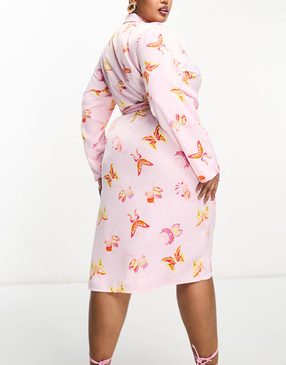 Something New Curve wrap mini dress in candyfloss pink satin butterfly print