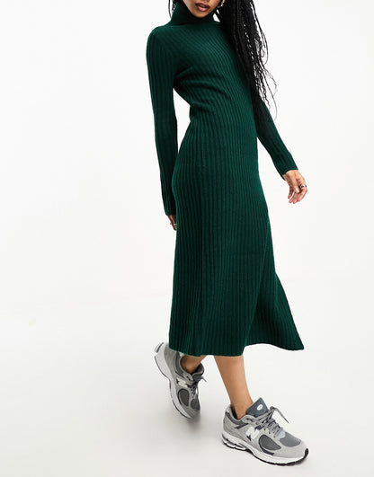 ASOS DESIGN Petite knitted maxi dress with high neck and side split in dark green