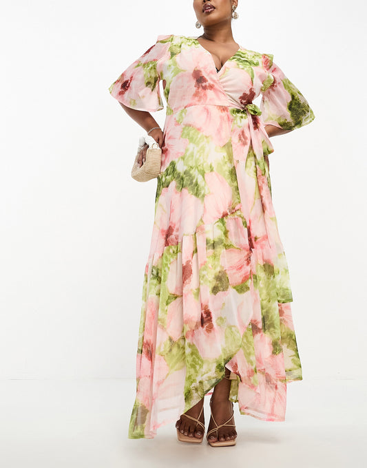 Hope & Ivy Plus ruffle wrap maxi dress in pink floral print