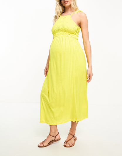 Mamalicious Maternity shirred bodice cami midi dress in yellow