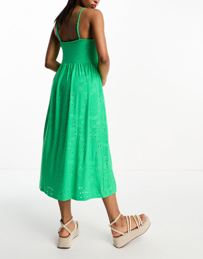 Vero Moda broderie cami midi dress in green