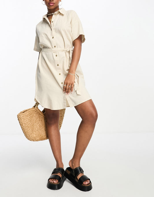 Vero Moda belted linen t-shirt mini dress in stone