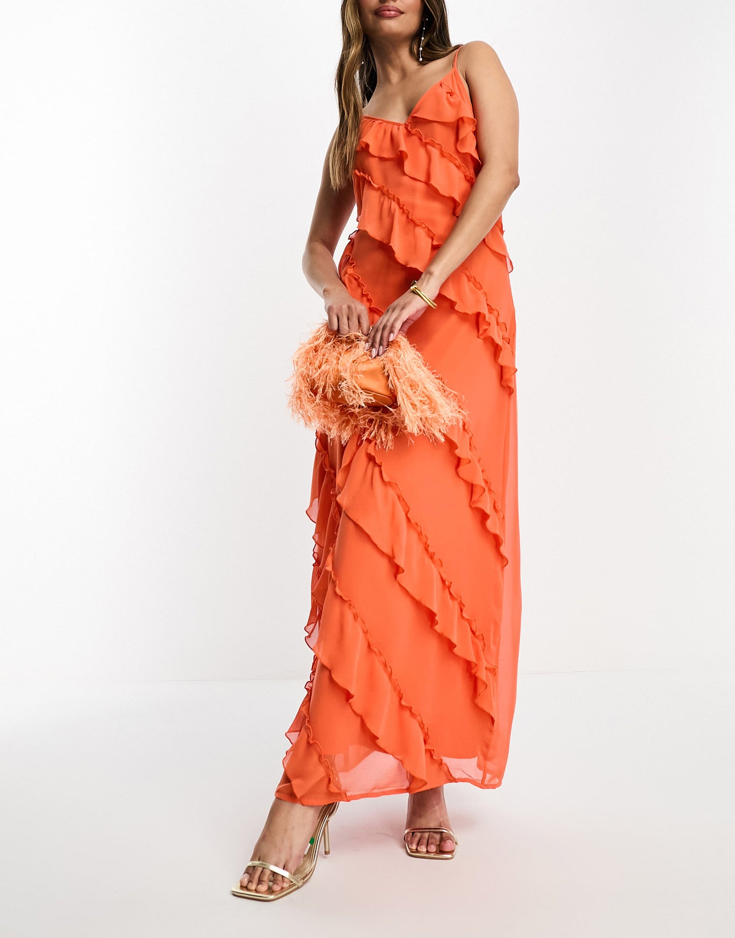 Vila frill detail maxi cami dress in orange