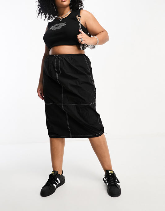 Heartbreak Plus parachute midi skirt with contrast stitch in black