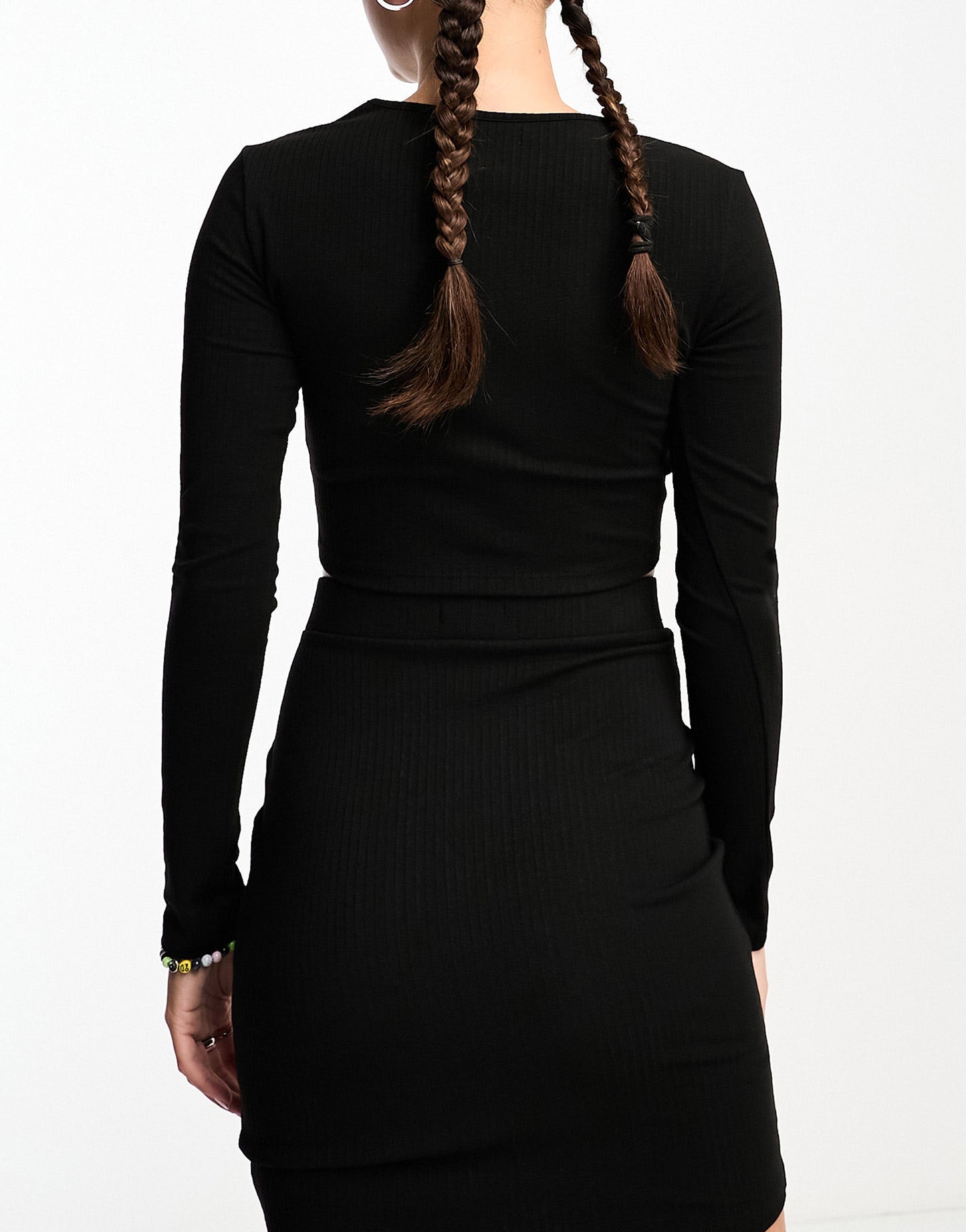 Fire & Glory long sleeve ribbed  top co-ord with peek-a-boo detail in black