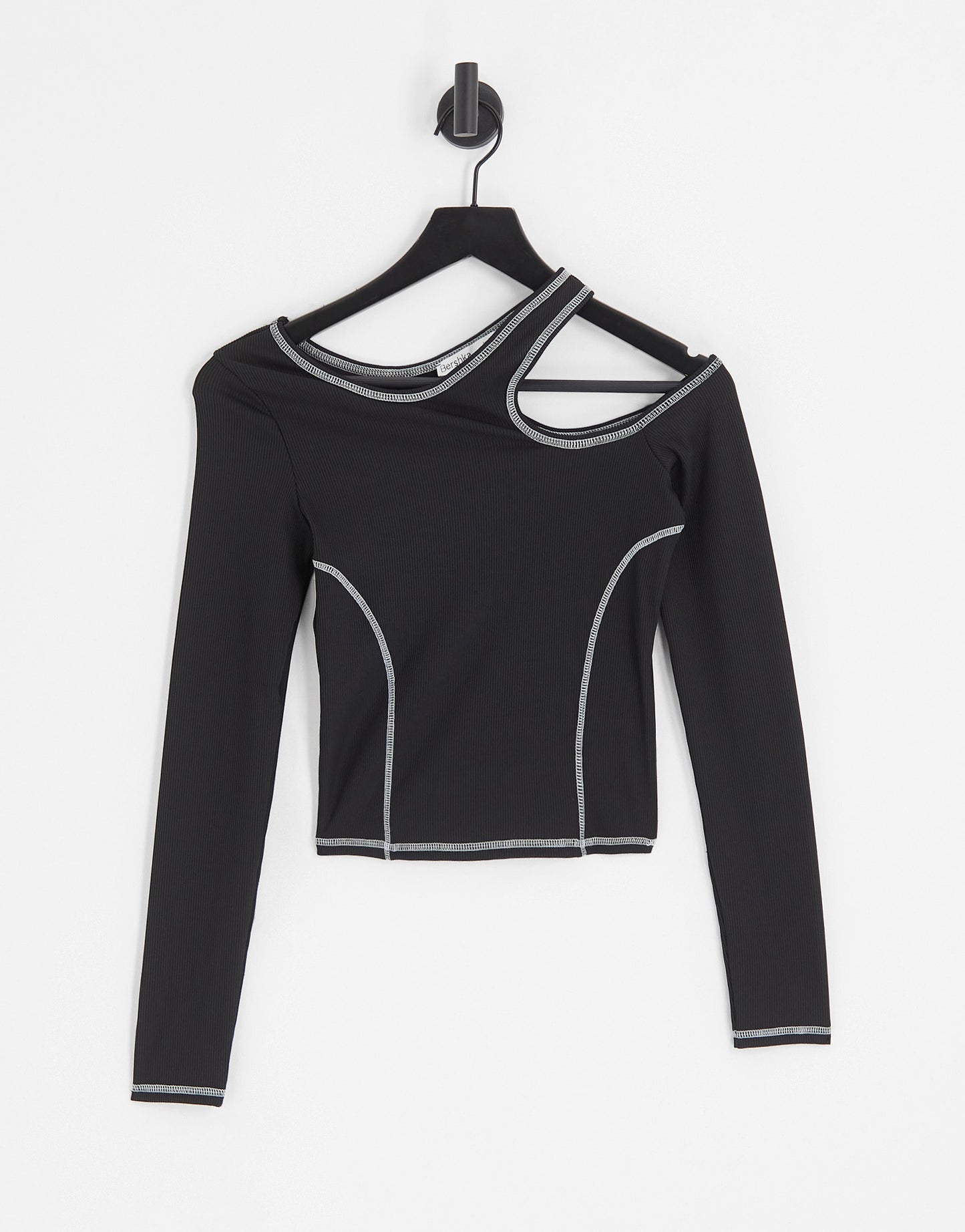 Bershka long sleeve asymmetric contrast stitching top in Black