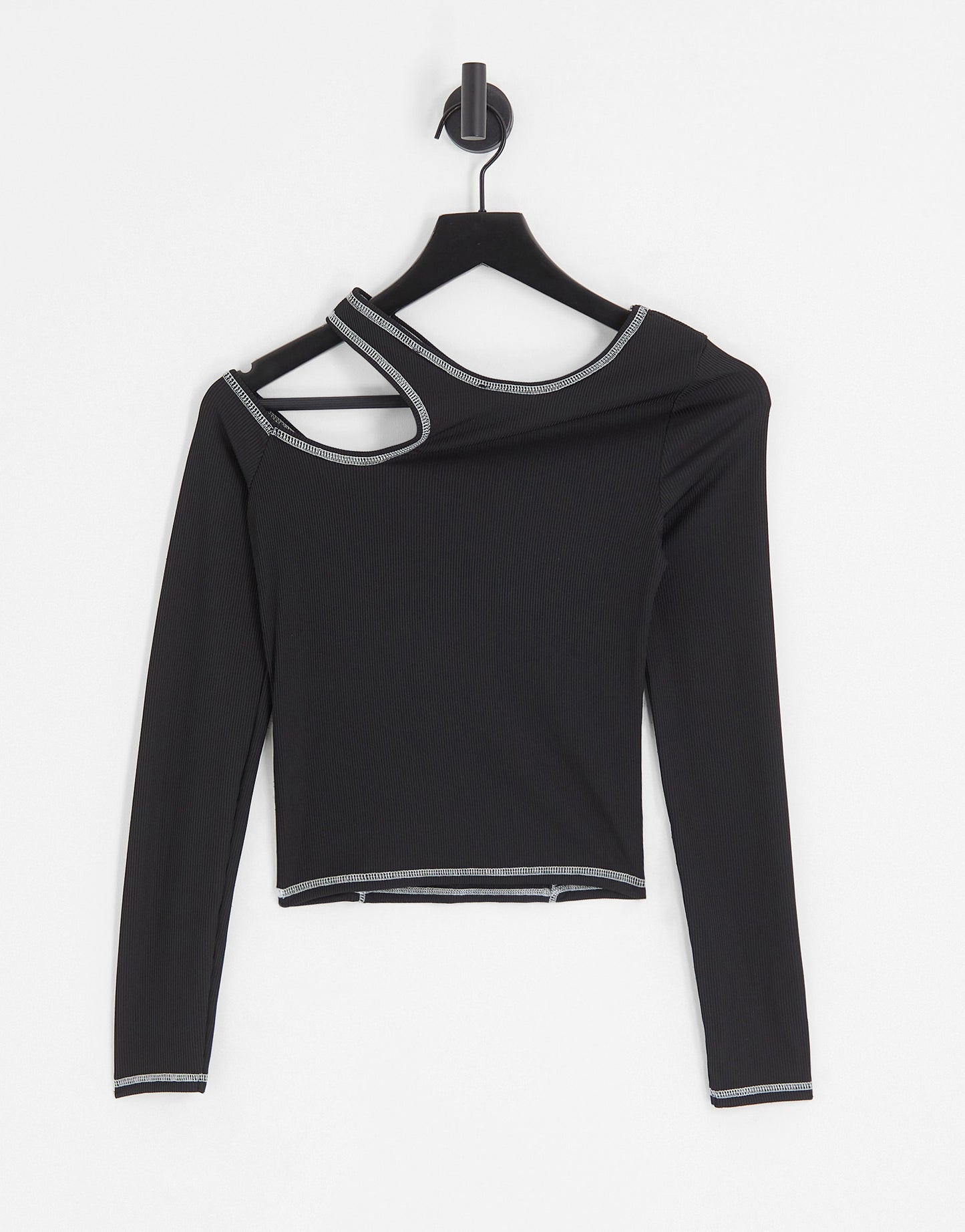 Bershka long sleeve asymmetric contrast stitching top in Black