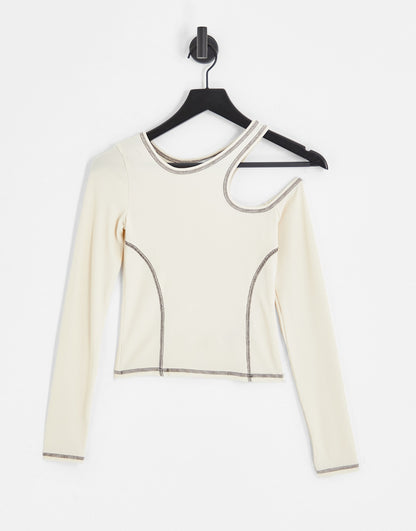 Bershka long sleeve asymmetric contrast stitching top in Ecru