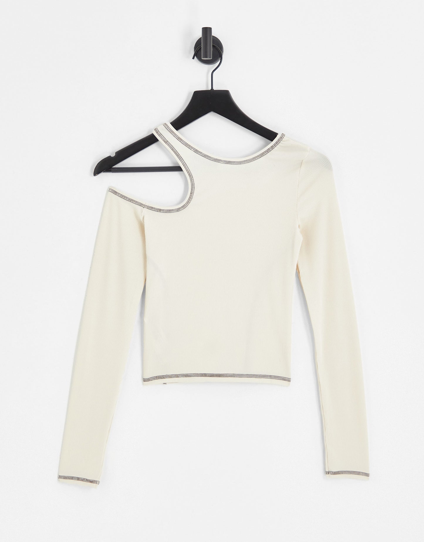 Bershka long sleeve asymmetric contrast stitching top in Ecru