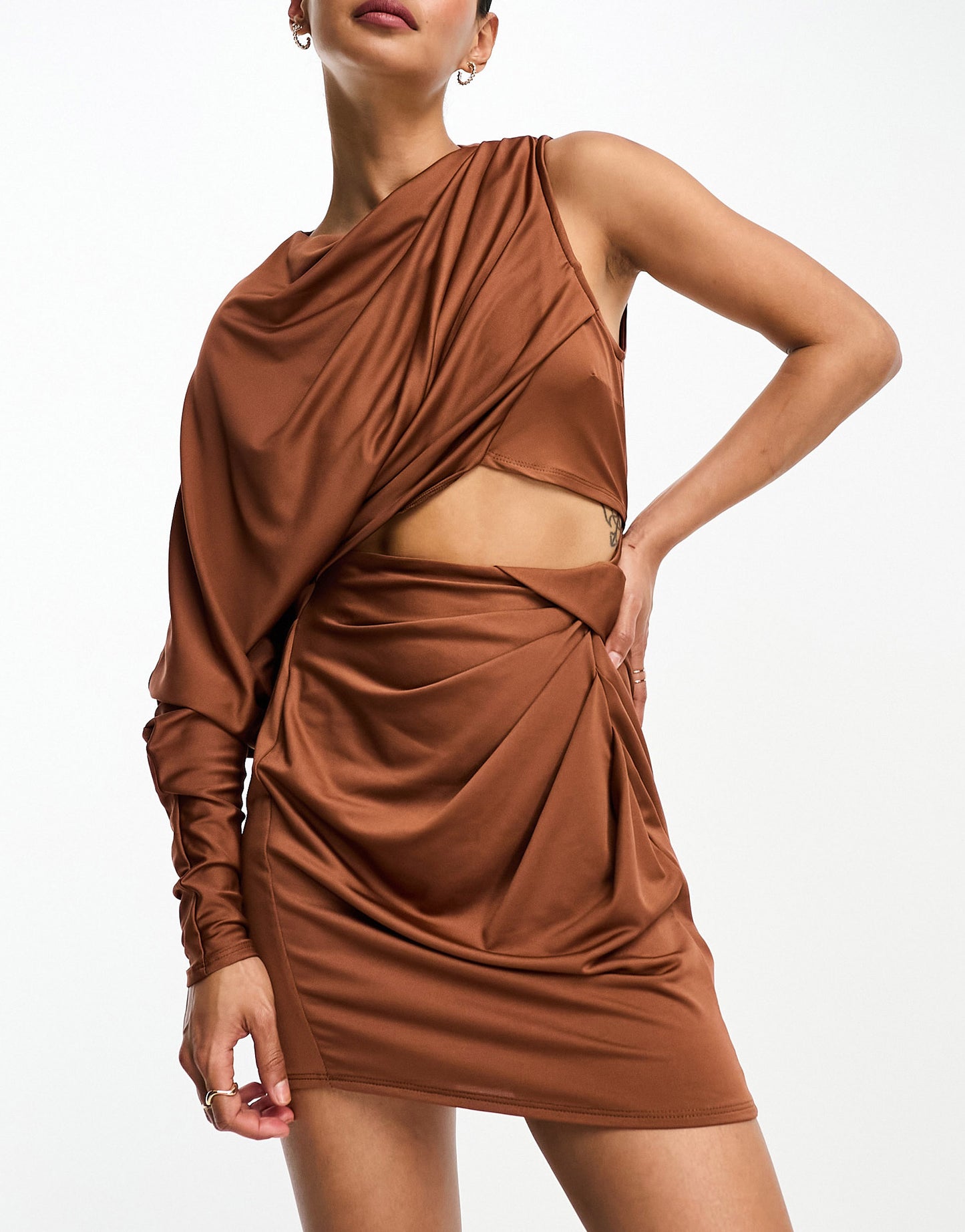 ASOS DESIGN one shoulder draped two piece slinky mini dress in chocolate brown