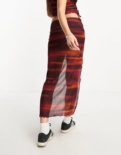 COLLUSION split front abstract print maxi skirt in red