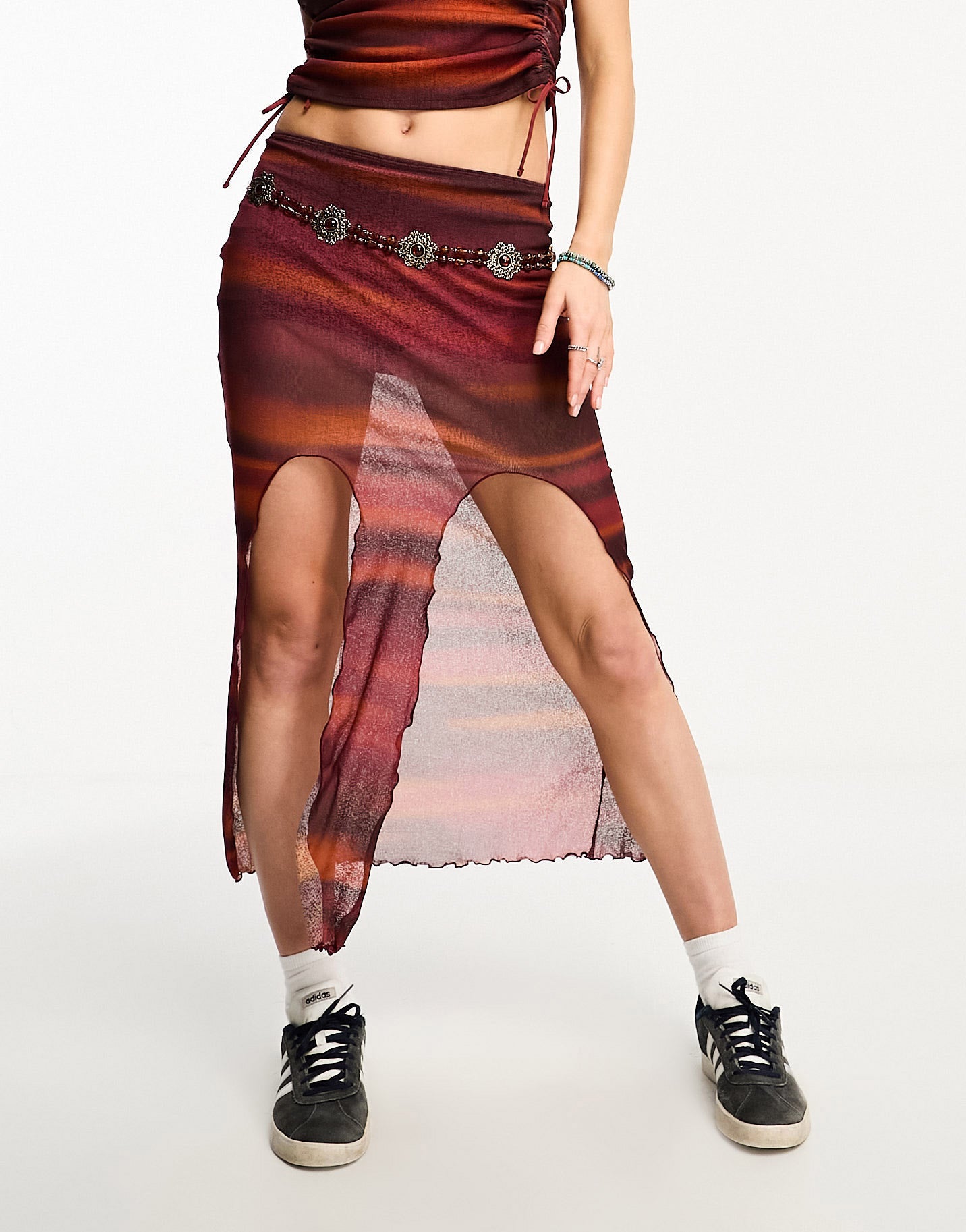 COLLUSION split front abstract print maxi skirt in red