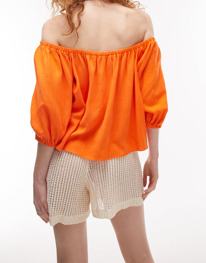 Topshop linen mix bardot top in orange