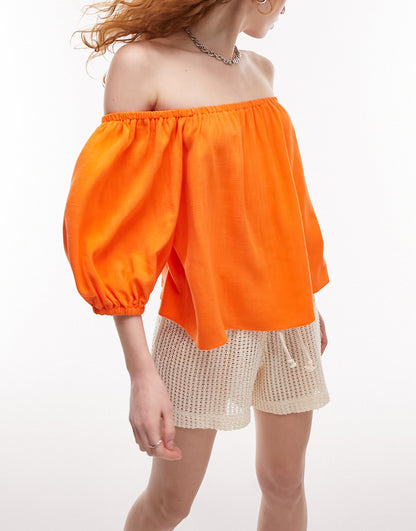 Topshop linen mix bardot top in orange