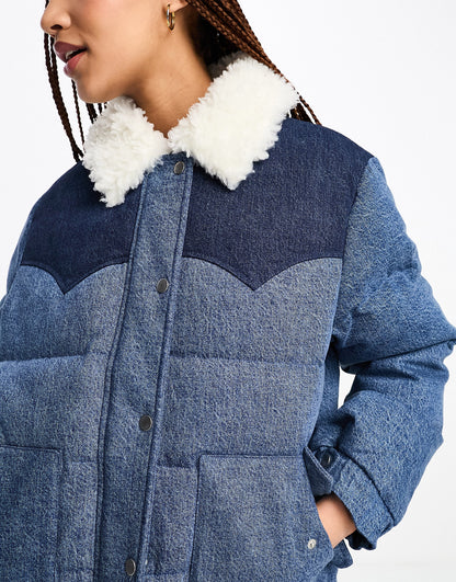 Levi's LA Western denim puffer jacket with fur collar in blue