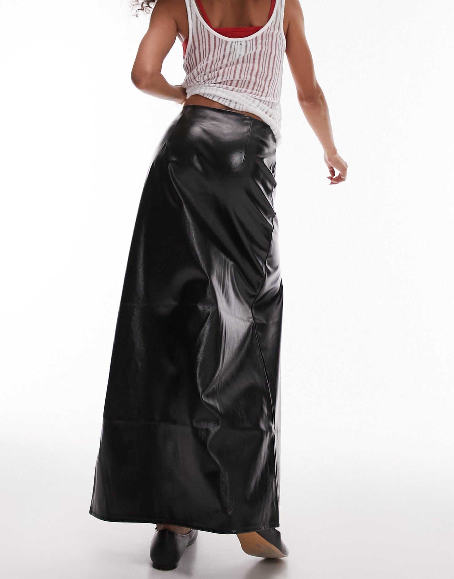 Topshop vinyl double split midi skirt in black