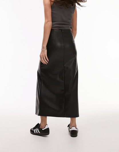 Topshop leather look ruched side midi skirt in black