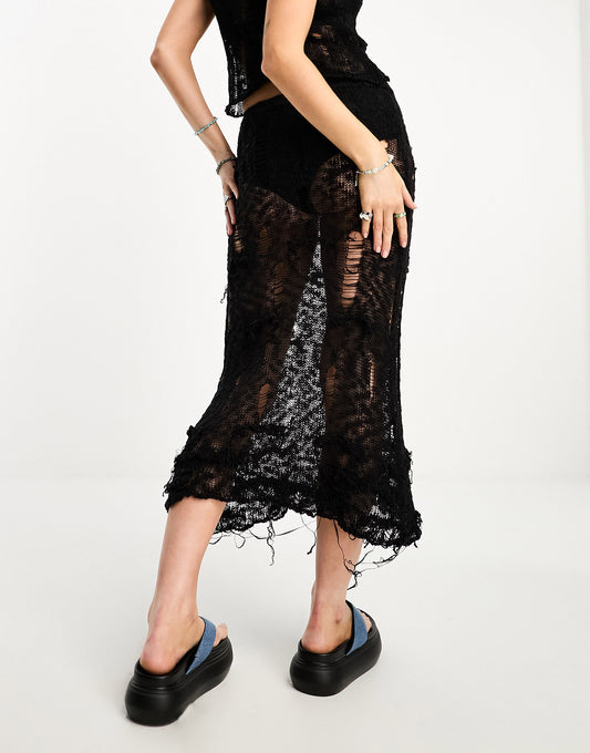 COLLUSION open stitch distressed knitted midi skirt in black