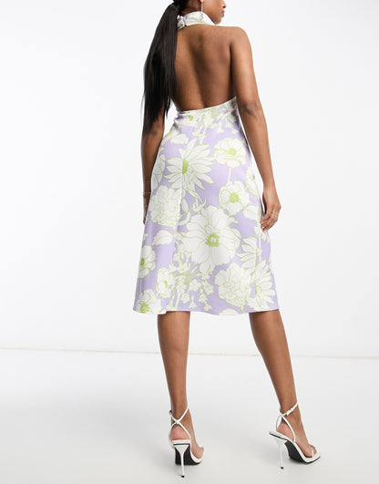 ASOS DESIGN halter neck bodycon midi dress in purple floral print